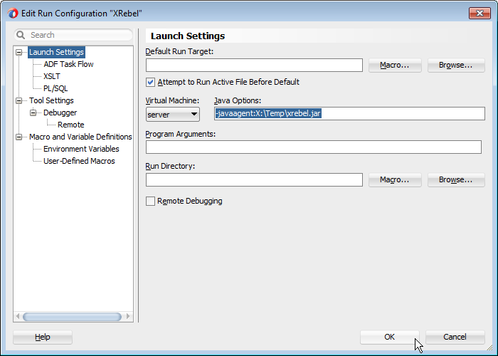 Find problems when you develop using XRebel with Oracle ADF   add XRebel path as described in the documentation