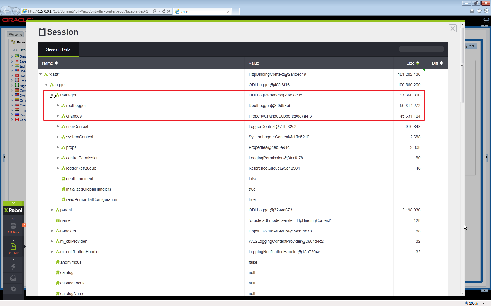 Find problems when you develop using XRebel with Oracle ADF   most of the session size is hold on the ODL log manager