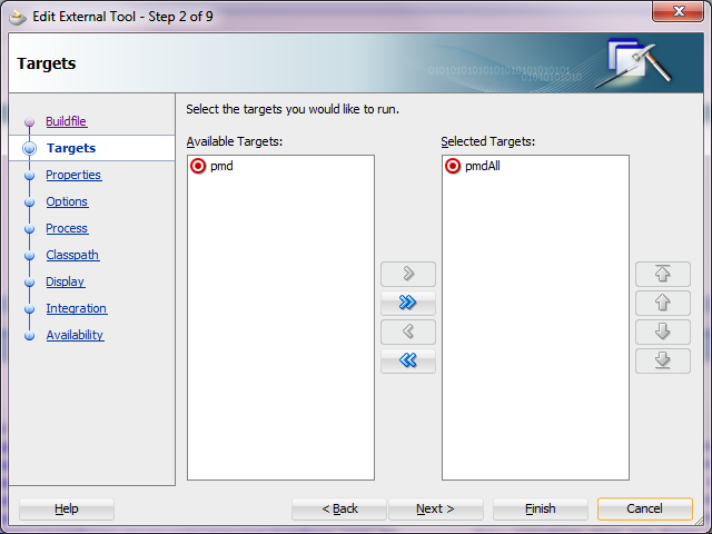 PMD Integration with JDeveloper through Ant External Tools   Shuttle target pmdAll to SelectedTargets