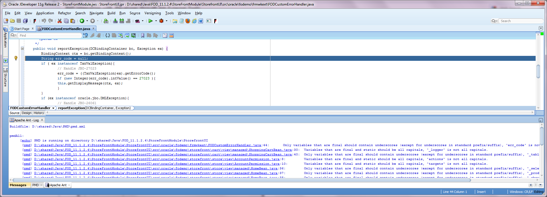 PMD Integration with JDeveloper through Ant External Tools   results of the ant process in the message pane