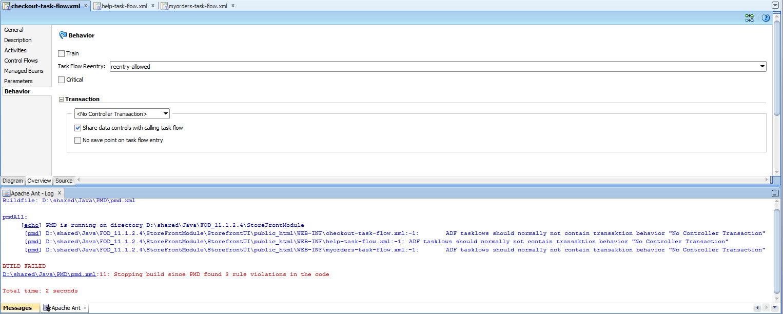 Write ADF static code analysis rules with PMD and running these in JDeveloper   results for xml in the message pane