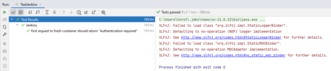 virtual development server test with testcontainers slf4j warning